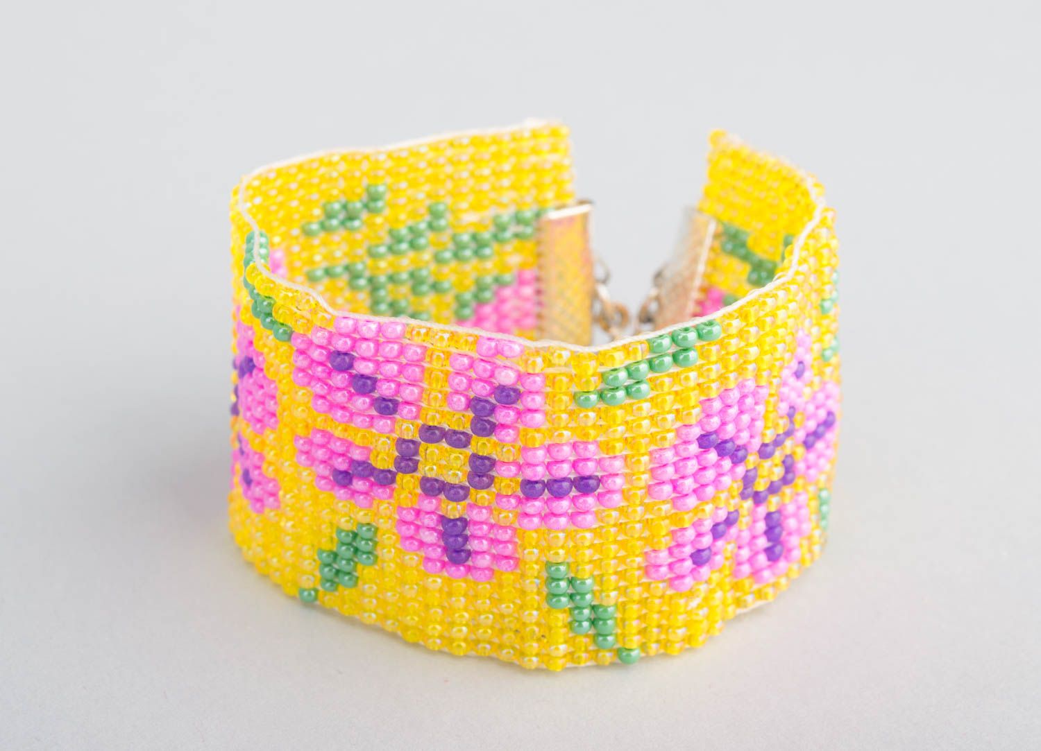 Wide wrist yellow and pink floral bracelet for girls photo 4
