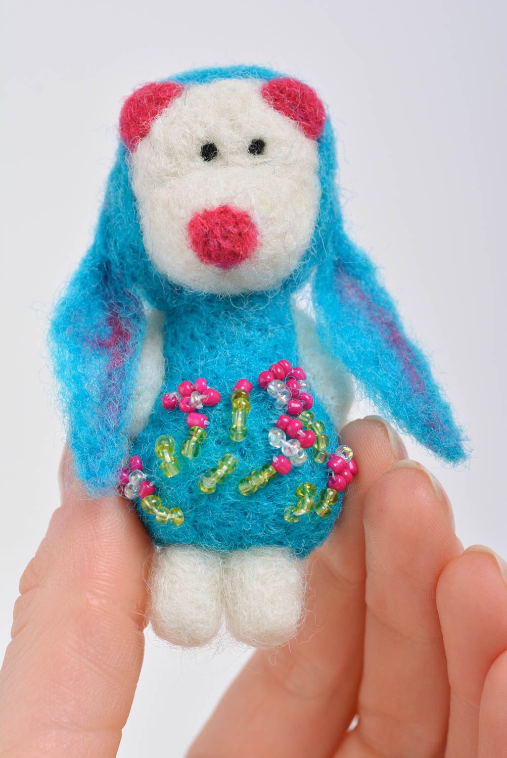 Handmade designer wool felted animal brooch bear in blue carnival costume photo 3