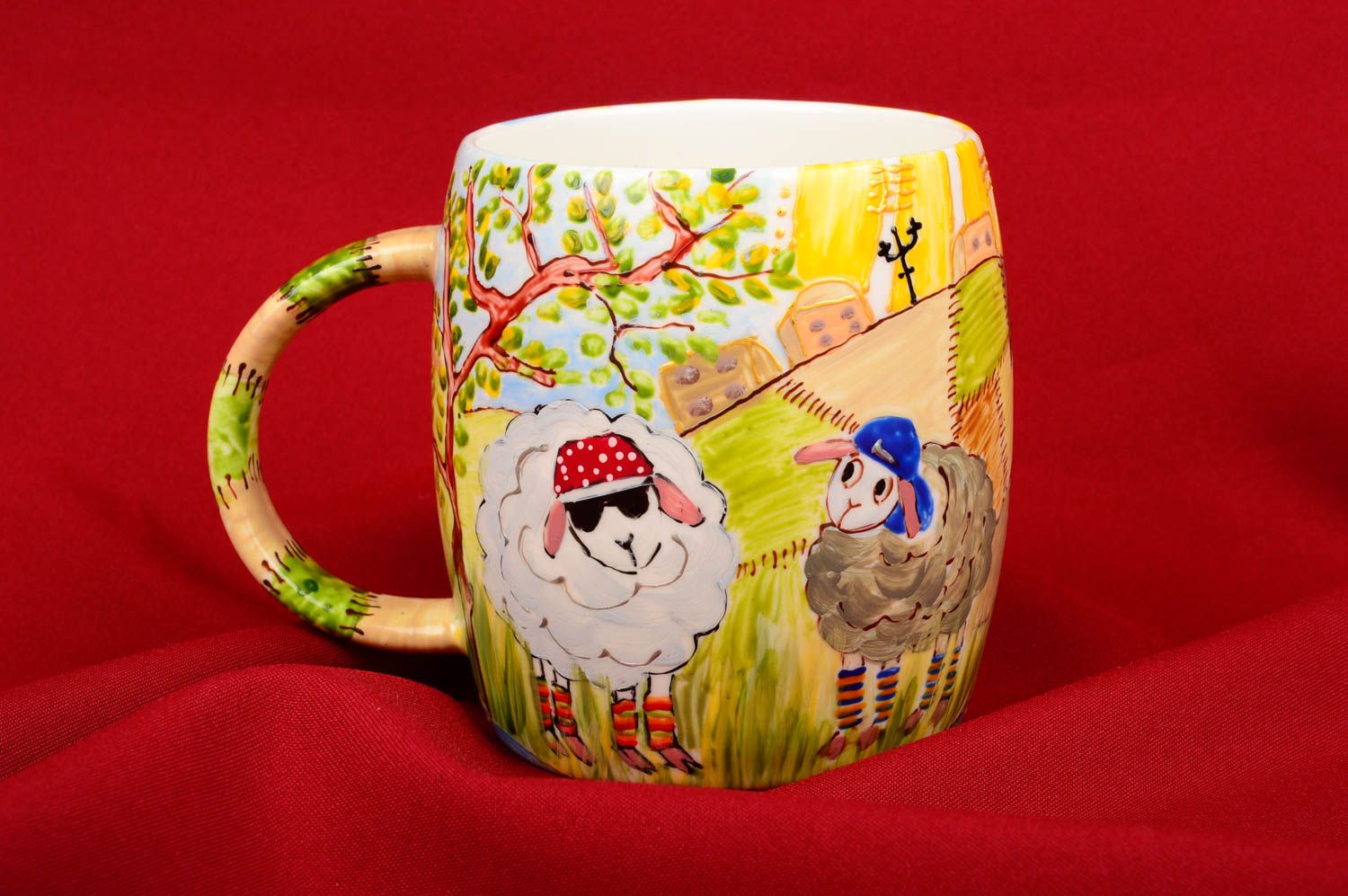 White ceramic coffee mug with handle and sheep party painting photo 1