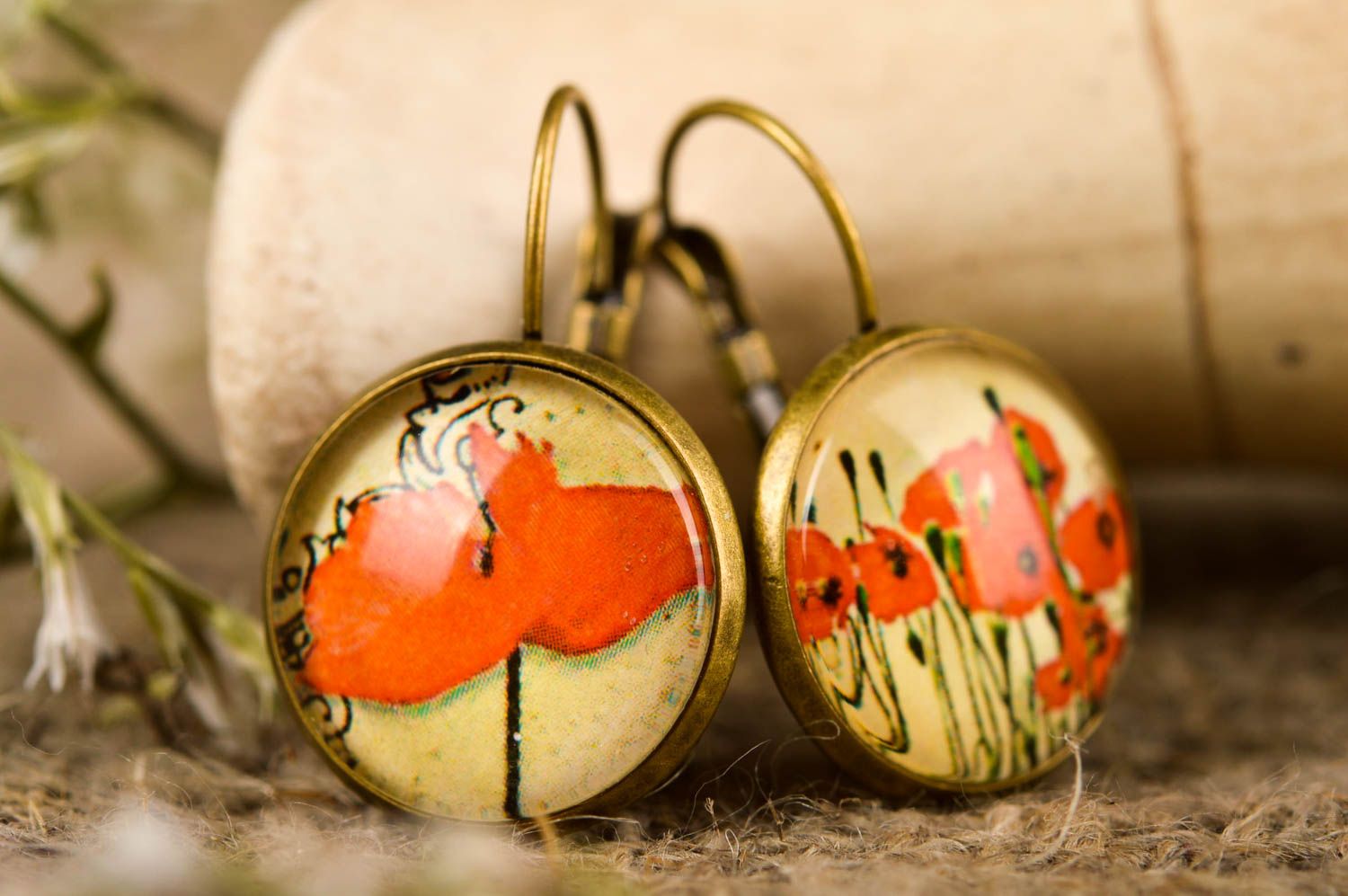 Designer earrings with print handmade jewelry cabochon earrings vintage jewelry photo 1