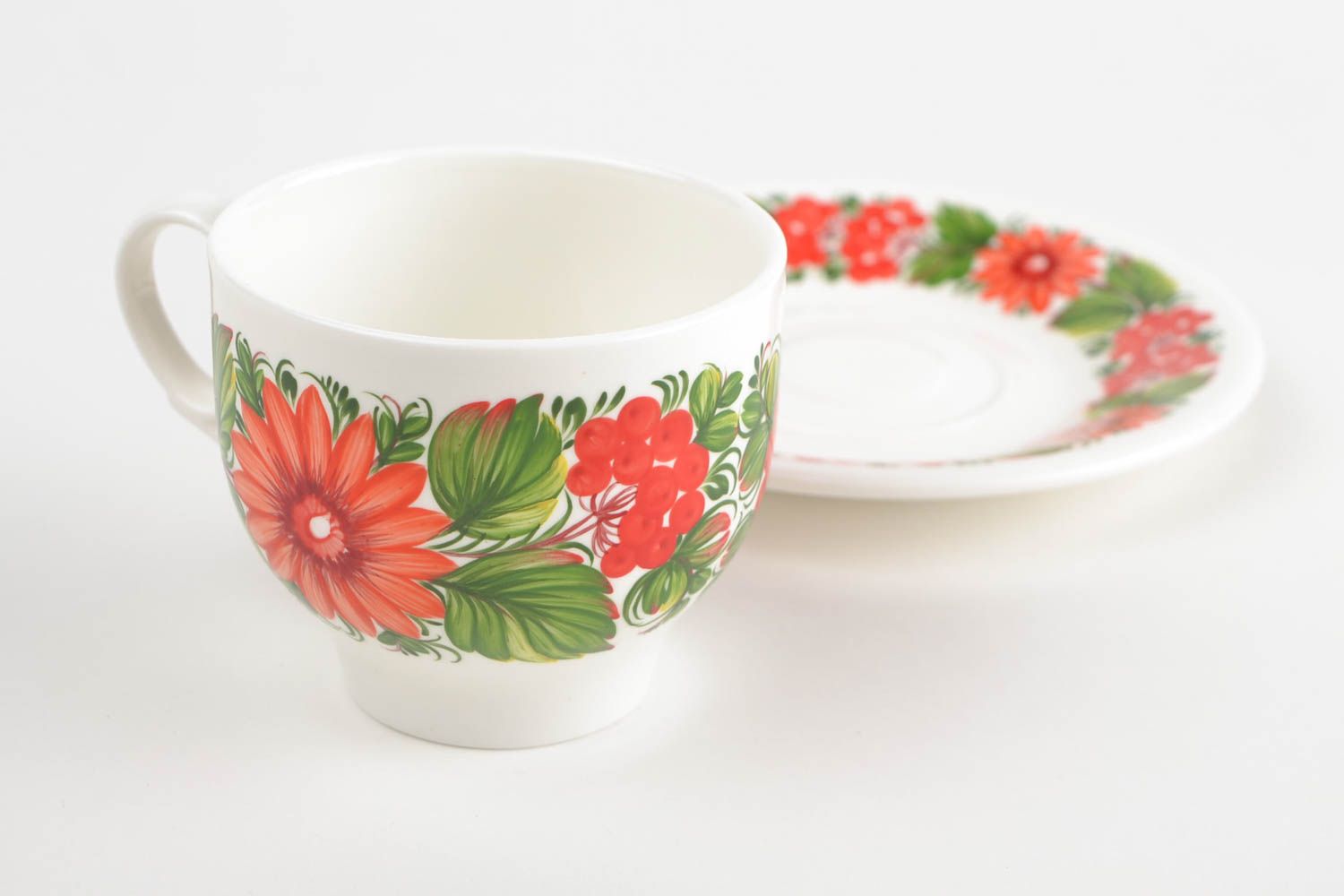 Porcelain 5 oz cup with flower pattern, handle, and saucer photo 3
