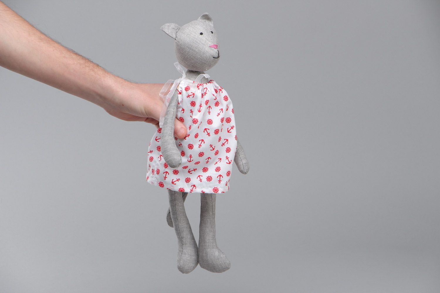 Handmade textile soft toy kitty in dress sewn of linen and cotton  photo 5