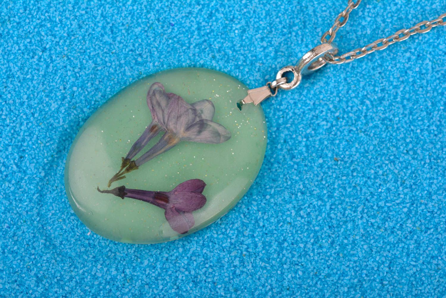 Unusual handmade epoxy pendant neck pendant on chain botanical jewelry photo 1