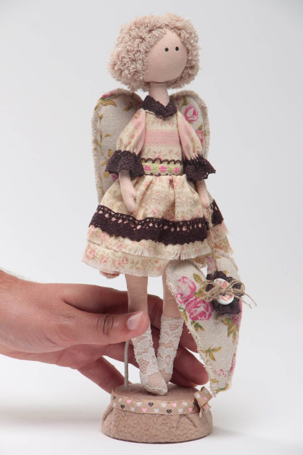 Handmade designer tender fabric soft doll in beige with floral heart and wings photo 5