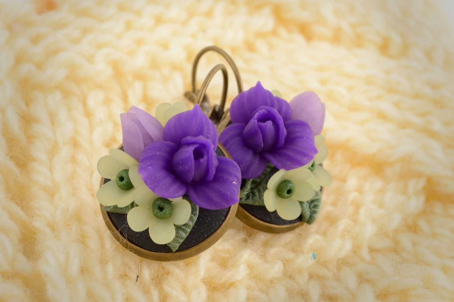 Handmade stylish festive cute earrings made of polymer clay with flowers photo 1