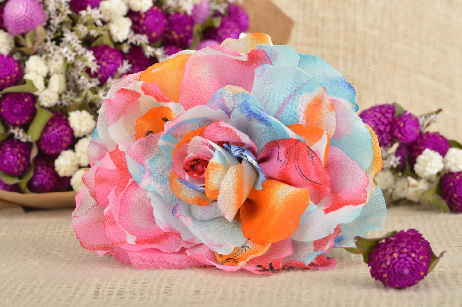 Broche fleur faite main Barrette à cheveux en tissu multicolore Accessoire femme photo 1