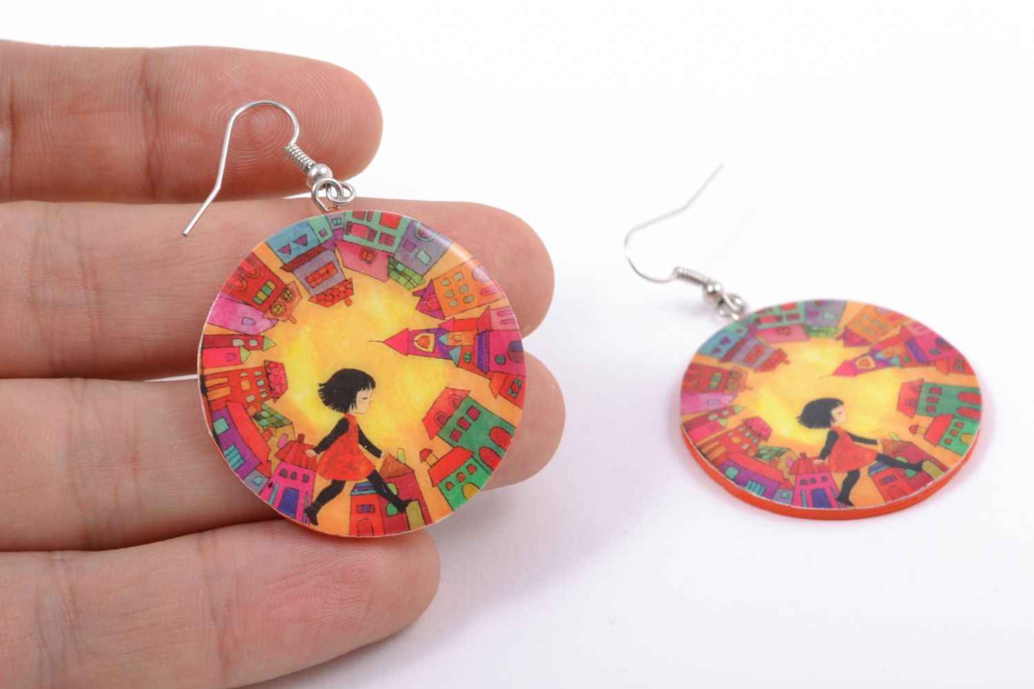 Round polymer clay earrings with print photo 2