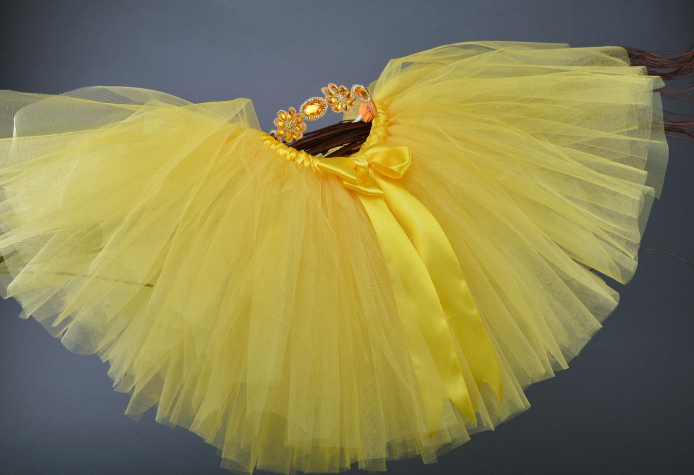 Set of handmade tulle ballet skirt and headband with stones in yellow color shades photo 1