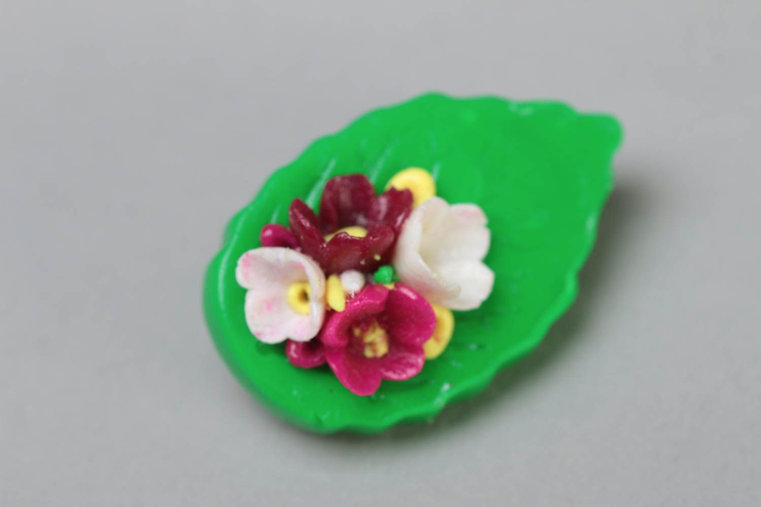 Handmade small designer brooch with volume polymer clay leave and flowers photo 2
