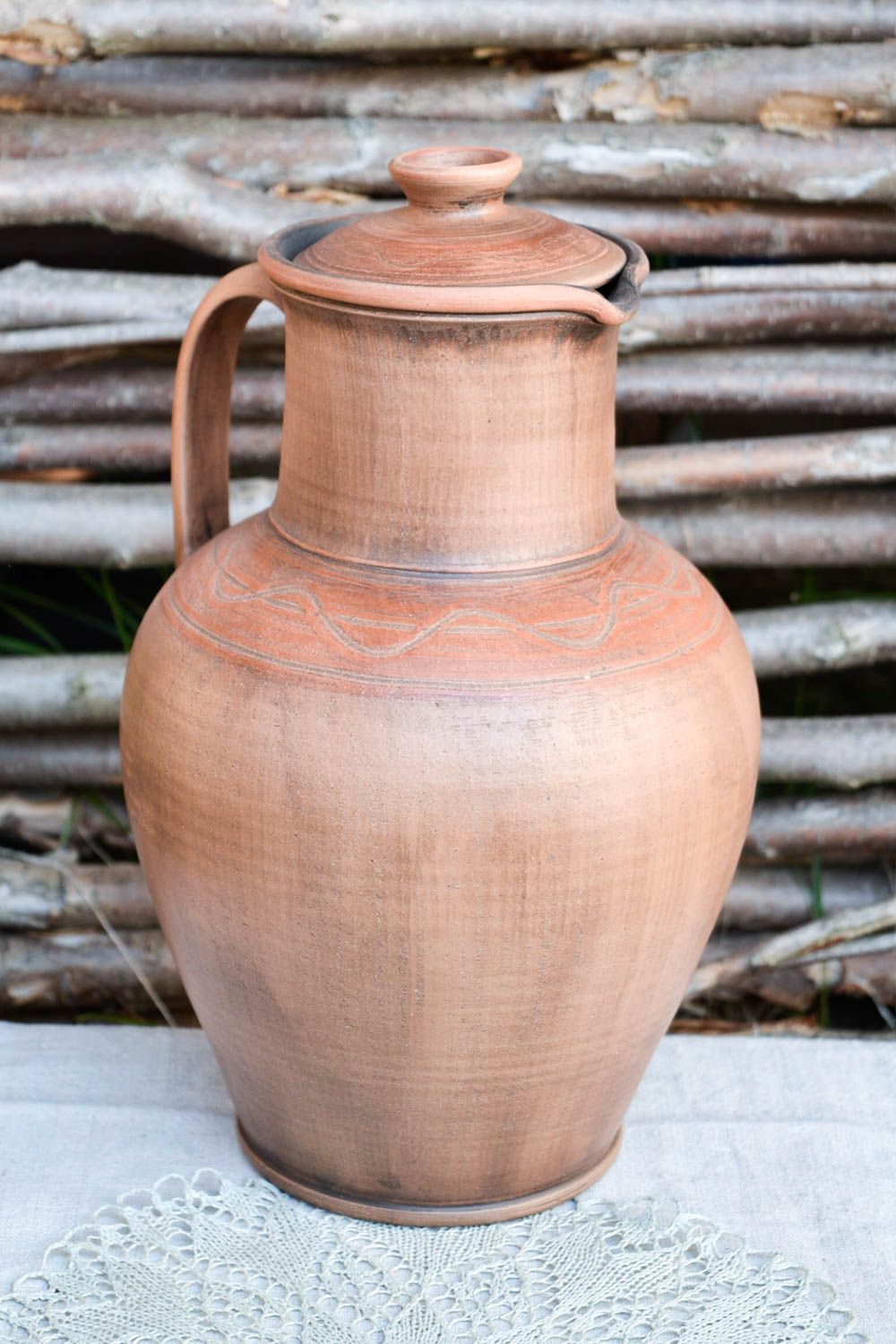 Large 130 oz ceramic pitcher in Greek style with handle and lid in terracotta style 3,6 lb photo 1