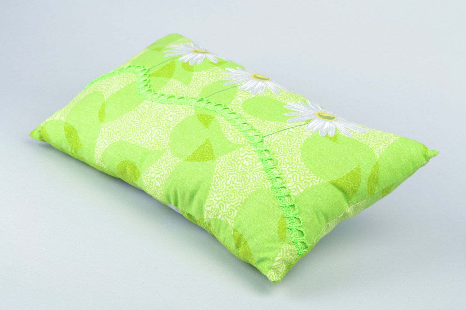 Handmade rectangular accent pillow of tender green color with chamomiles photo 3