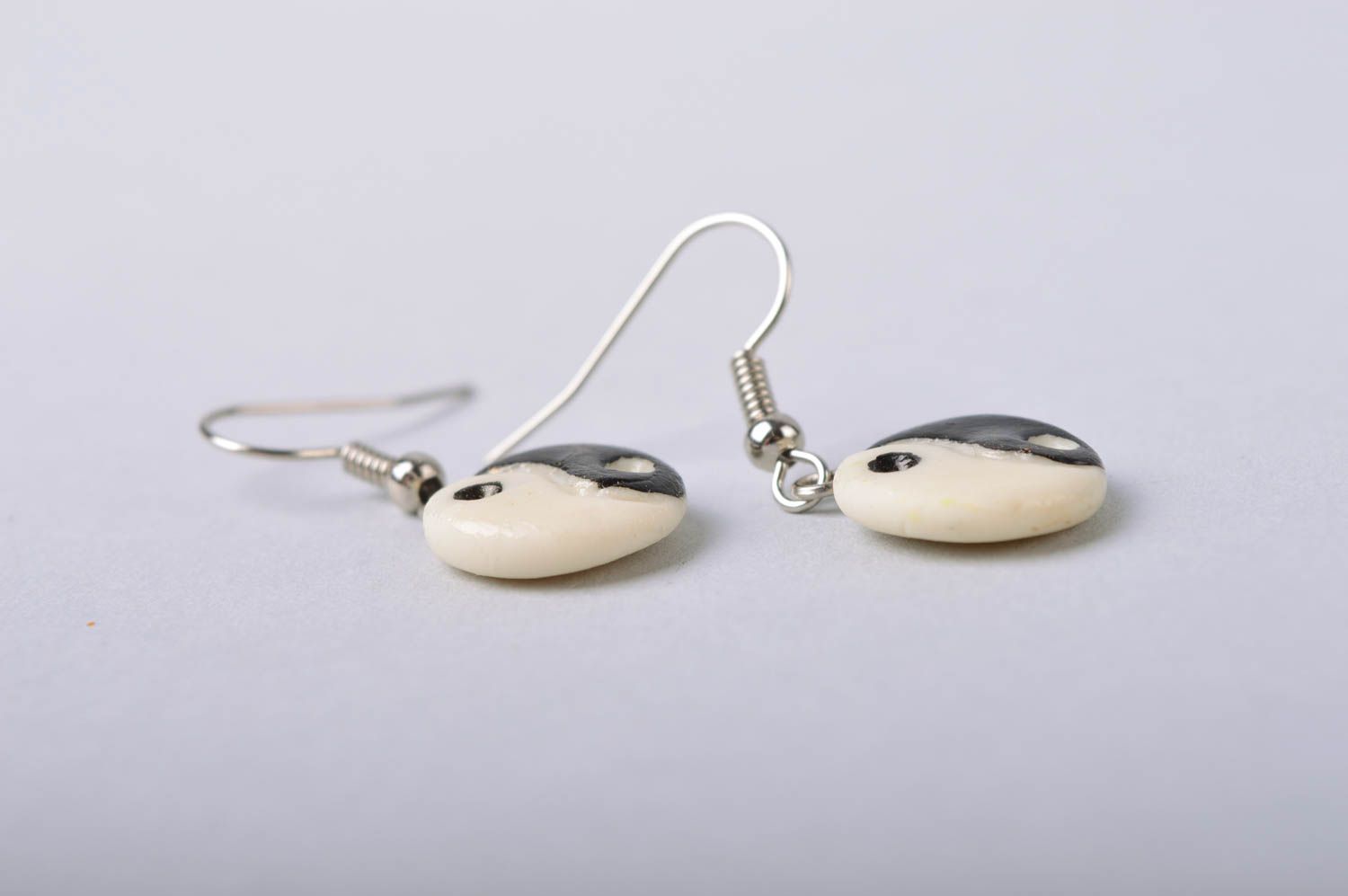 Handmade designer round cold porcelain black and white earrings Yin and Yang photo 5