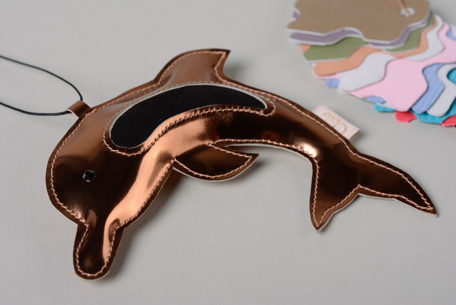 Handmade leather keychain or bag charm Golden Dolphin photo 5