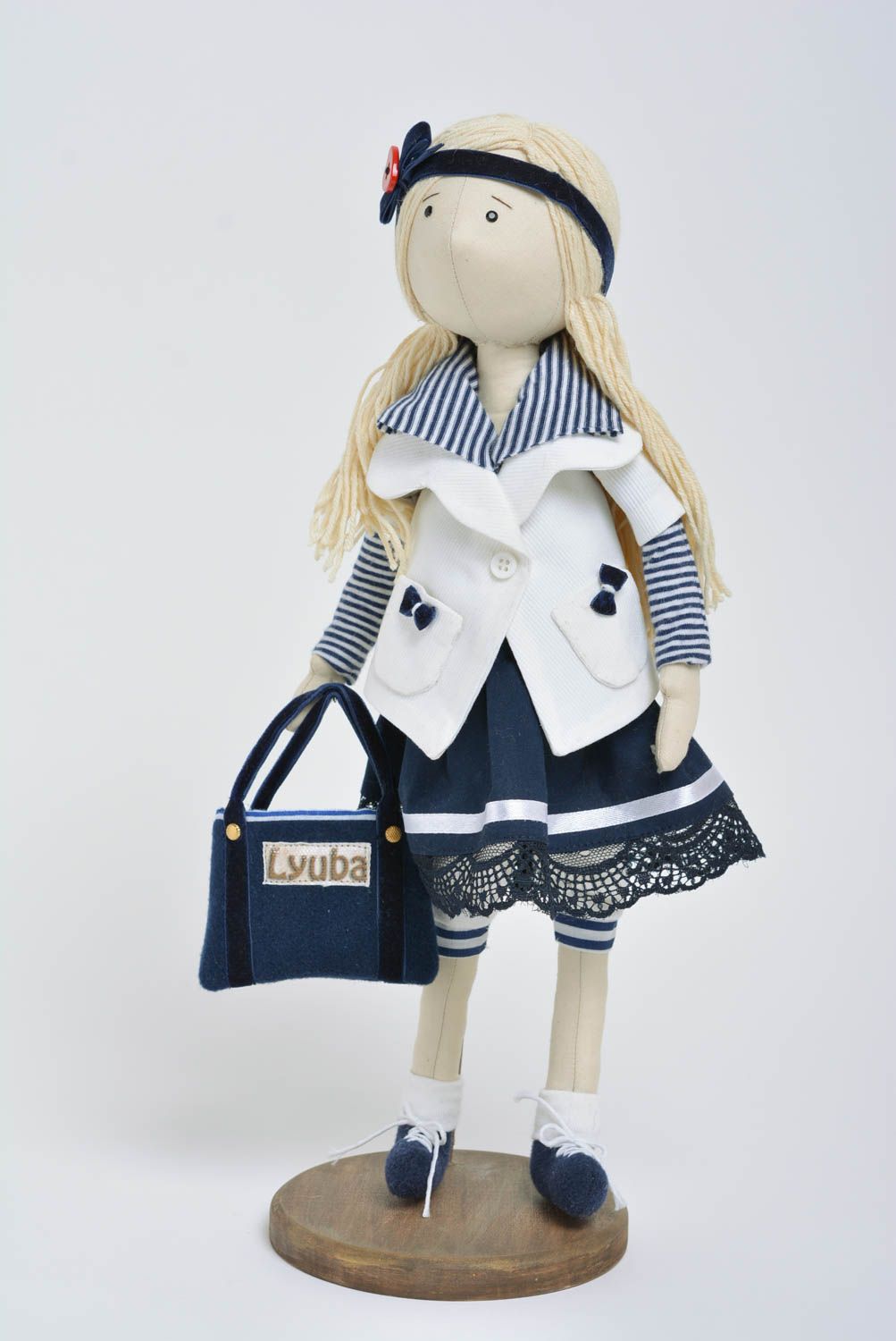 Handmade soft doll Lyuba sewn of cotton fabric in blue and white clothing photo 1
