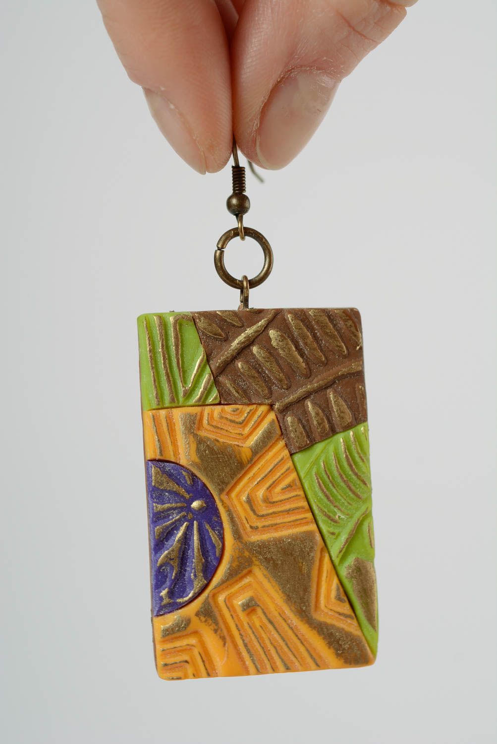 Handmade flat rectangular polymer clay dangling earrings painted with acrylics photo 2