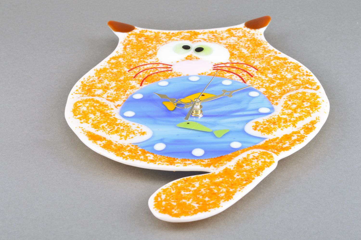 Funny handmade fused glass wall clock in the shape of fat cat for child's room photo 2