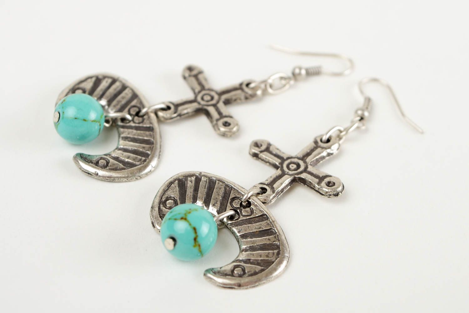 Long handcrafted earrings designer turquoise metal accessories women gift idea photo 4