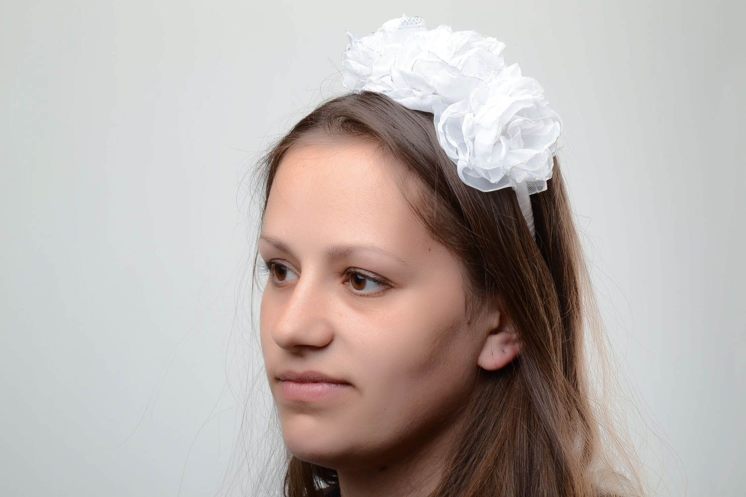 Tender white handmade festive headband with volume chiffon flowers and beads photo 5
