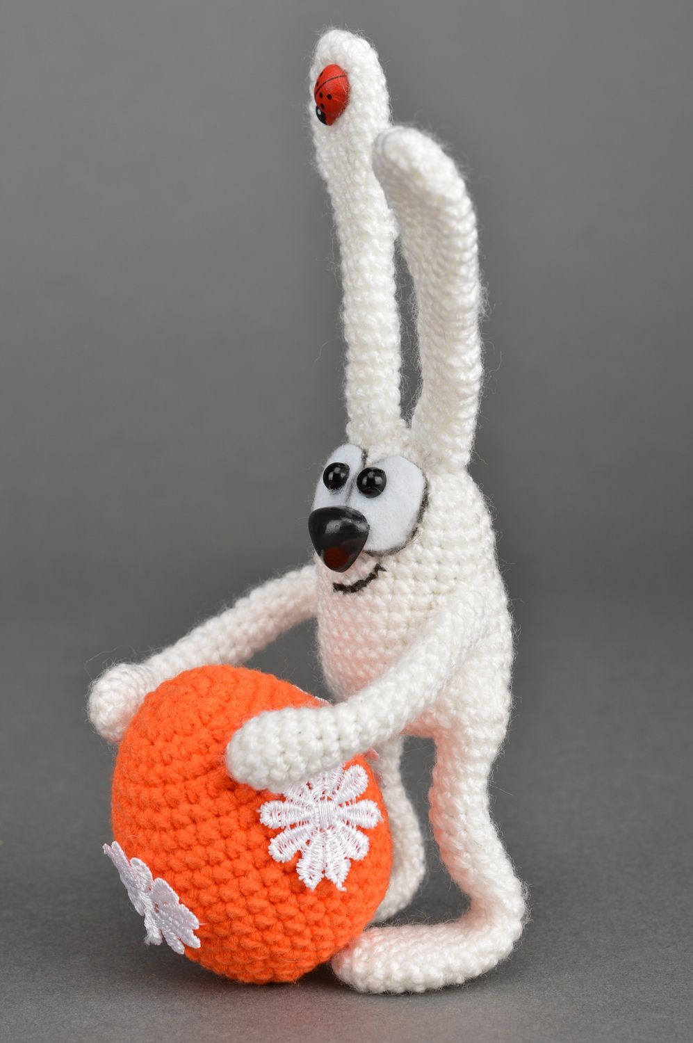 Handmade designer crocheted soft toy funny white rabbit with orange painted egg photo 5