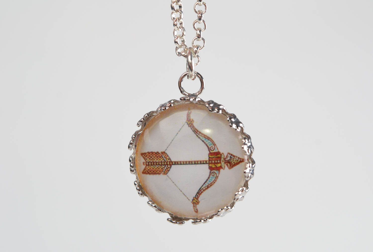 Handmade designer round pendant with glass on long chain Zodiac sign Sagittarius photo 4