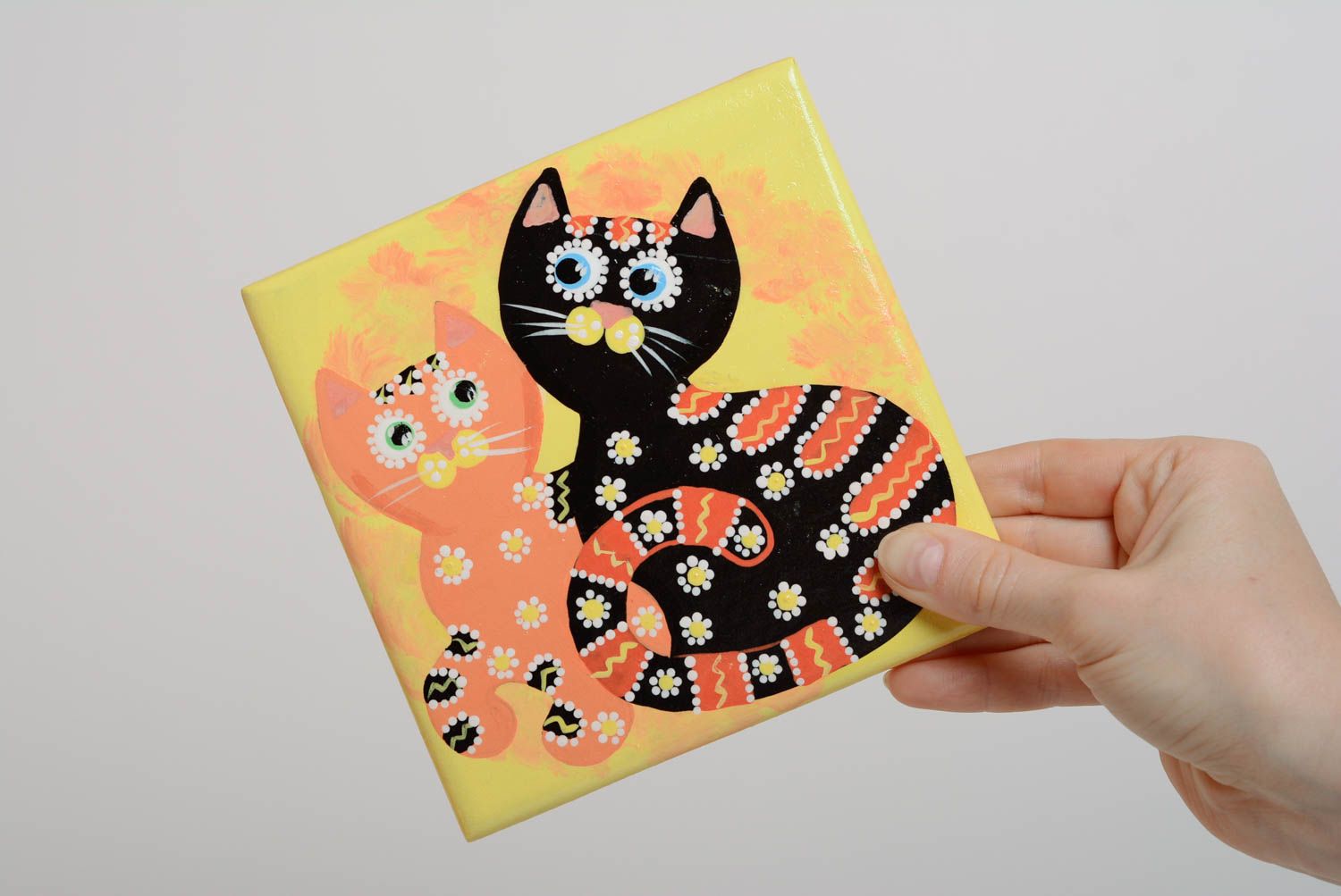 Kleines originelles Kinder Wandbild aus Holz mit Acrylfarben bemalt mit Katzen handmade für Haus Dekor foto 1