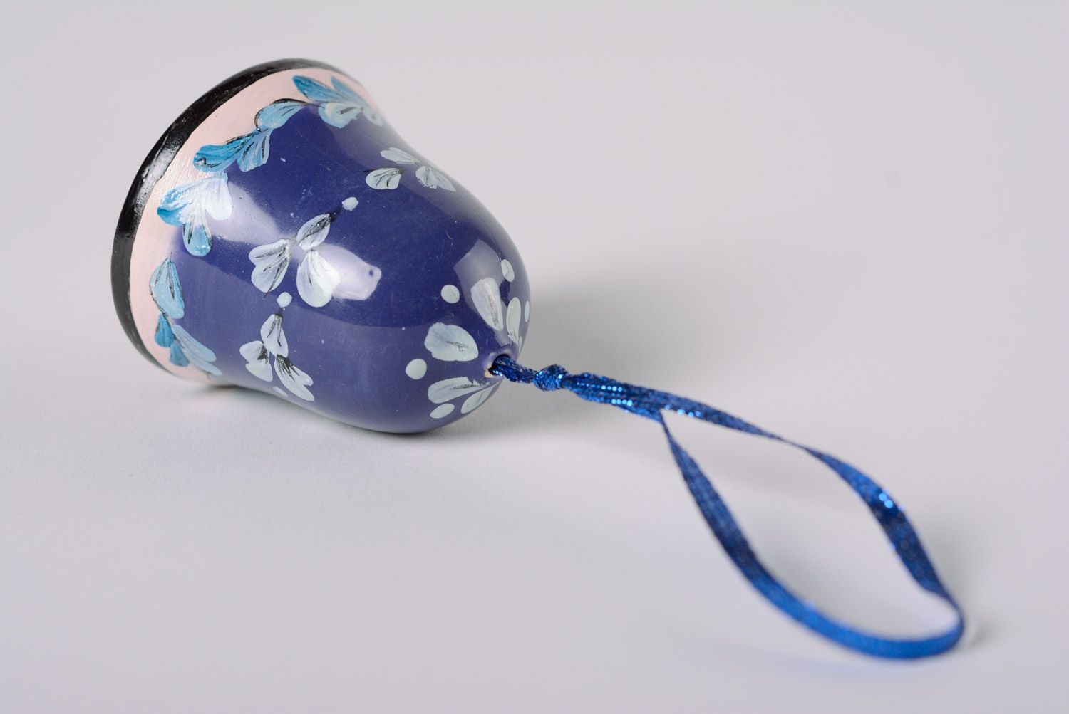 Small handmade decorative glazed maiolica ceramics hanging bell of blue color photo 5