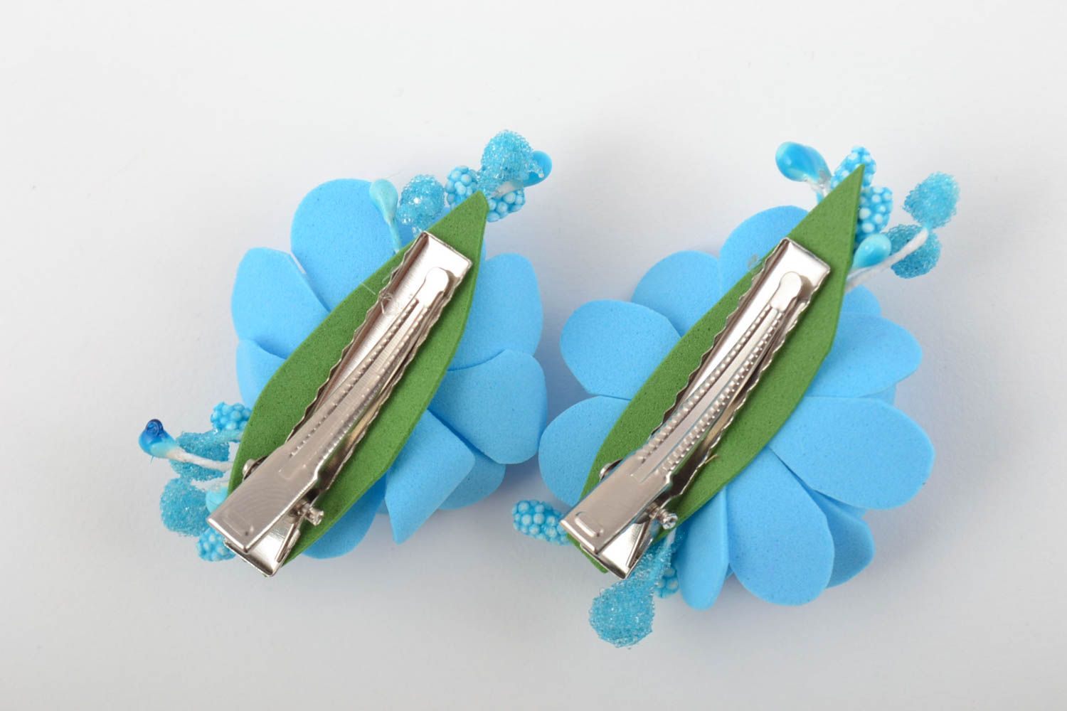 Set of handmade hair clips with flowers made of foamiran blue hairpins photo 8