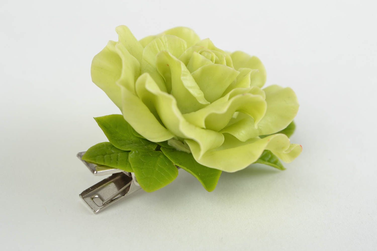 Pince à cheveux en porcelaine froide fleur verte modelée faite main originale photo 4