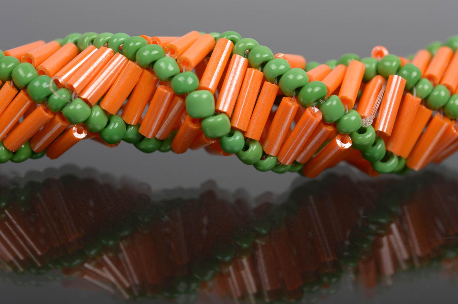 Handmade beaded cord bracelet made of orange and light green beads for women photo 4