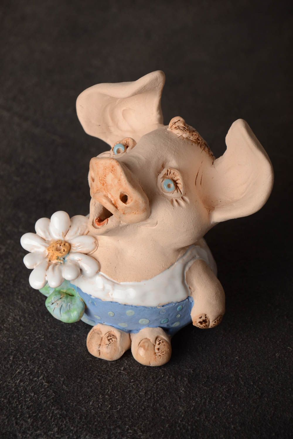 Small handmade collectible clay statuette painted with enamels Pig photo 1