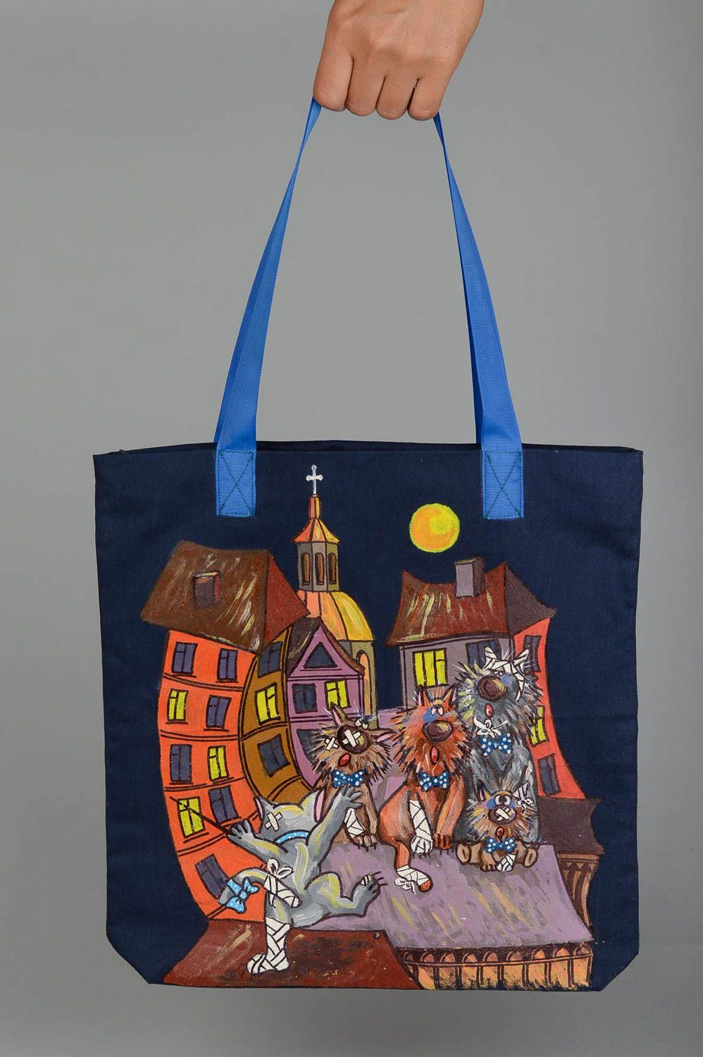 Сумка ручной работы сумка с рисунком ночных котов и города женская сумка фото 5