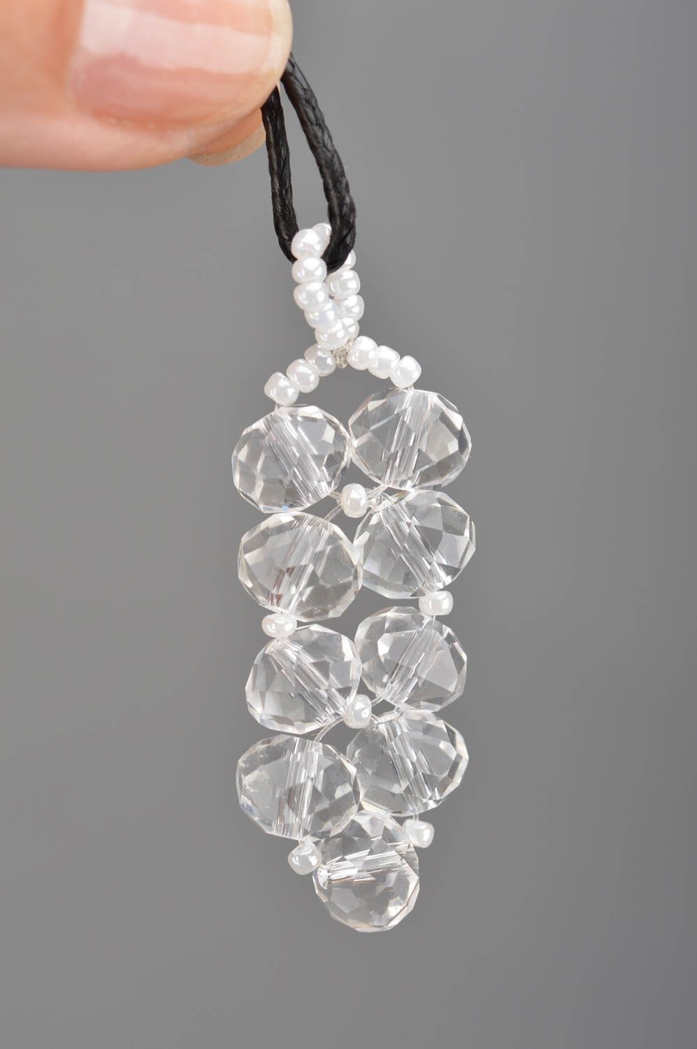 Beautiful transparent handmade design neck pendant woven of Czech crystal beads photo 3