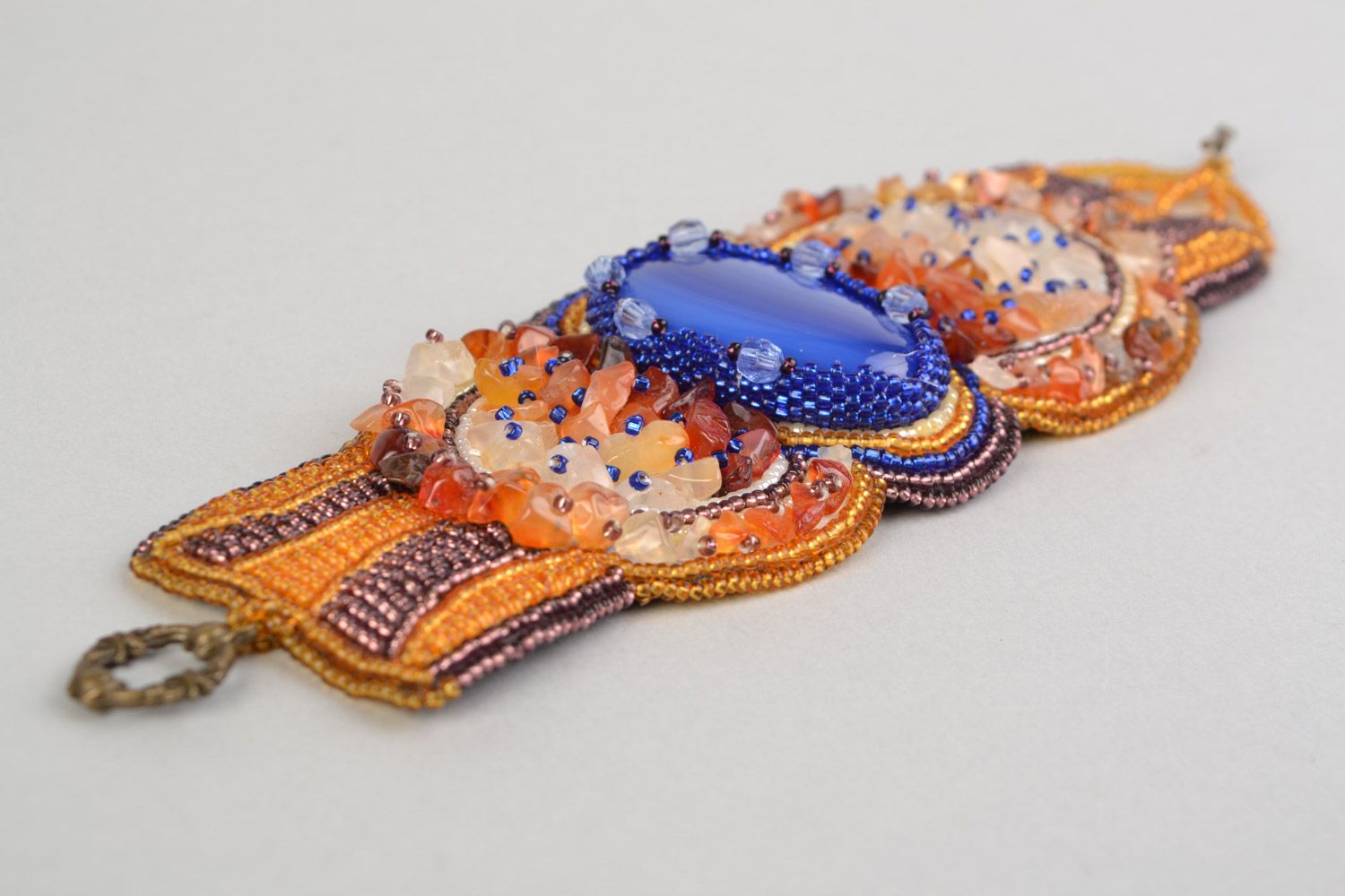 Handgemachtes braunes Armband mit Glasperlen und echten Steinen blau Geschenk foto 2