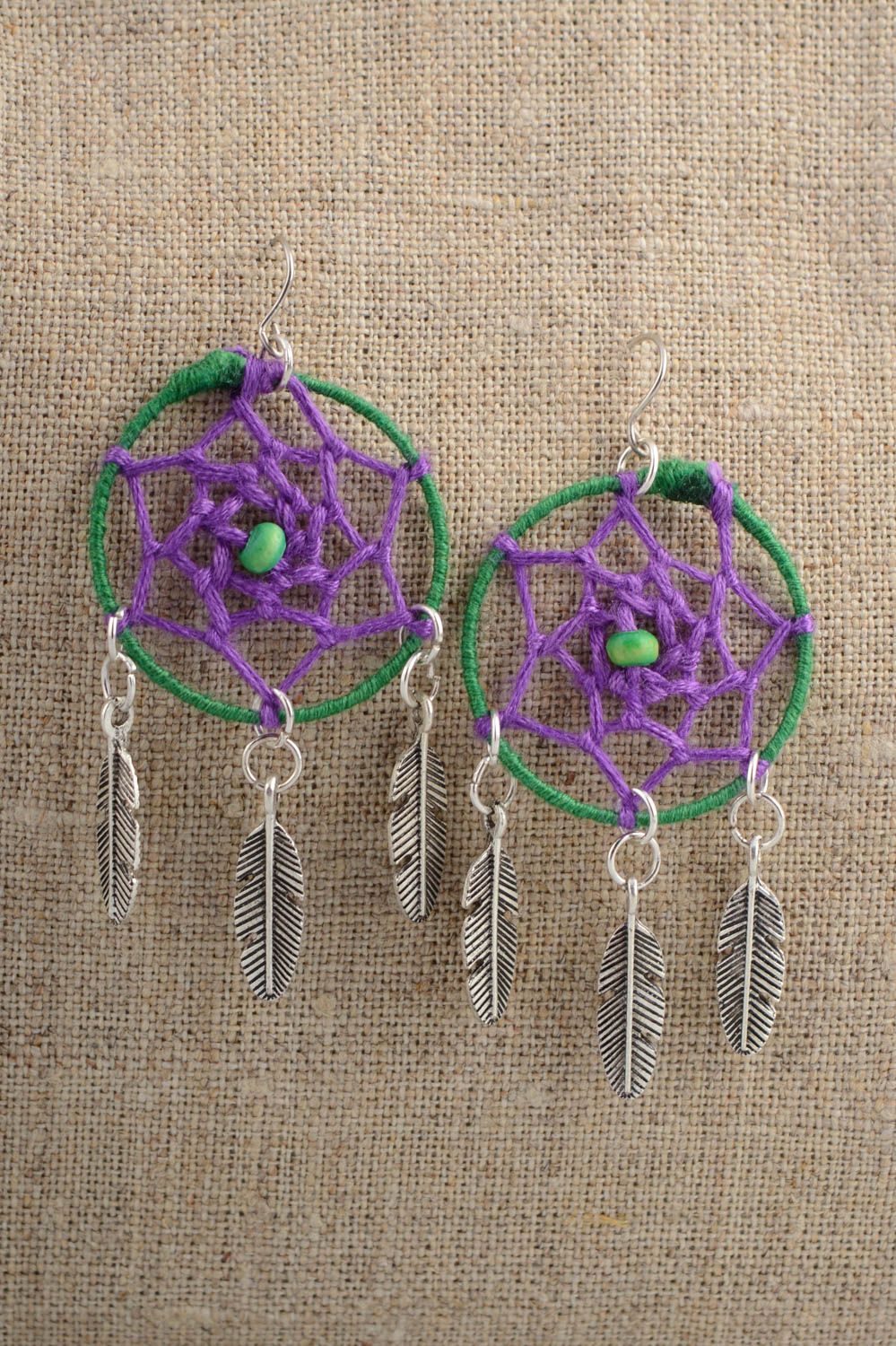 Handmade long danging earrings dreamcatcher green and violet with metal feathers photo 1