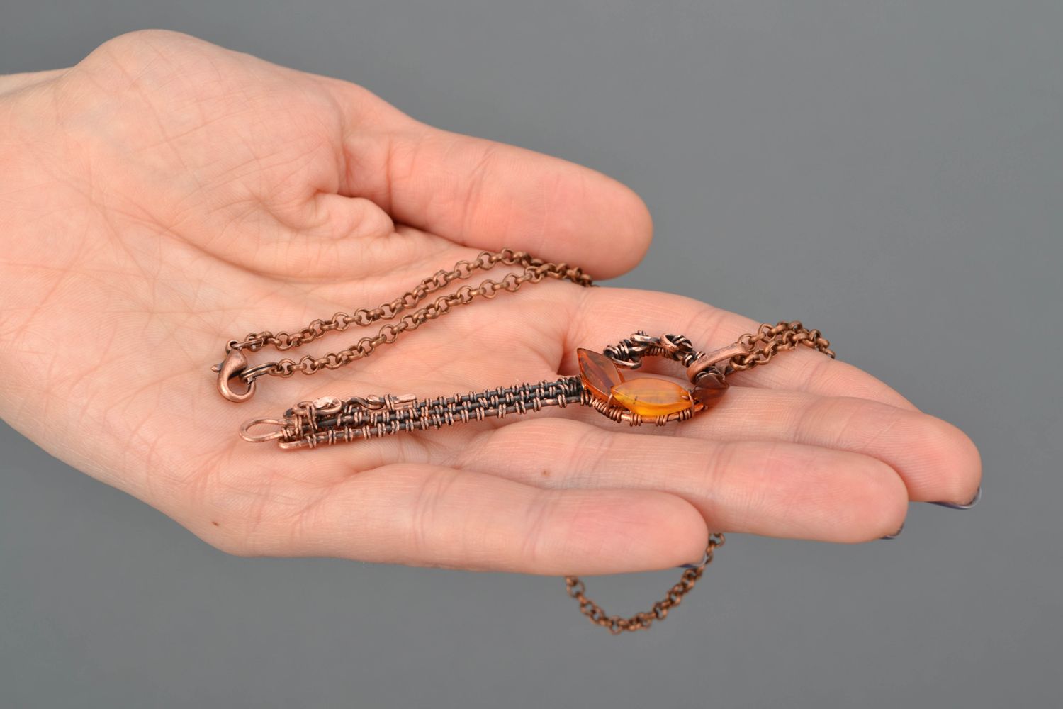 Wire wrap copper pendant with natural stone Amber Key photo 2