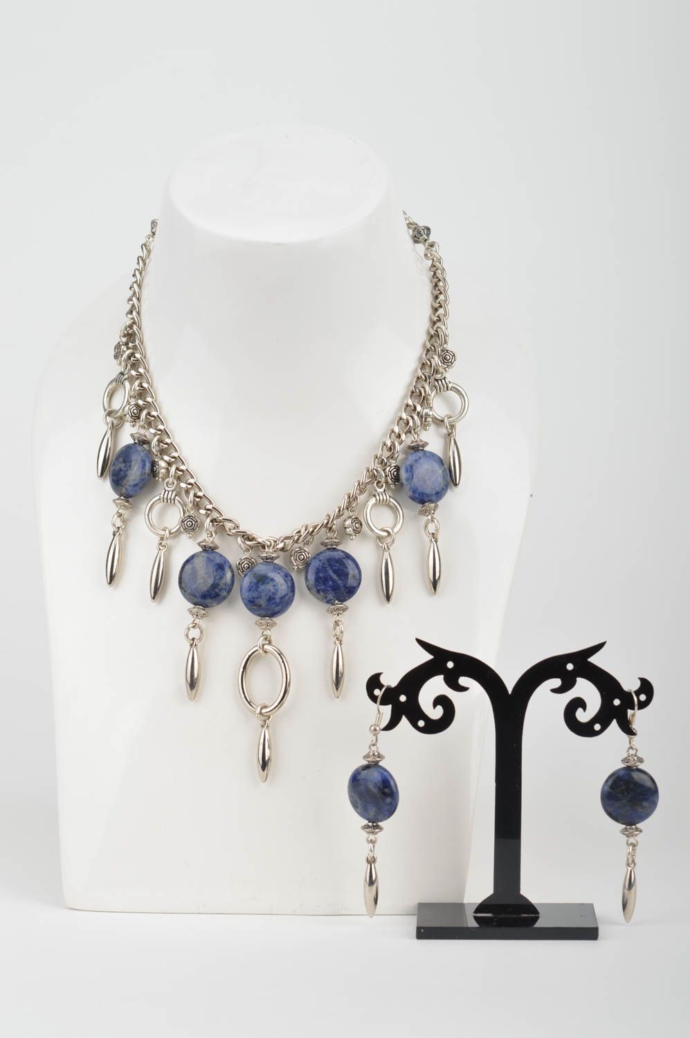 Set of handmade metal jewelry with blue beads necklace and earrings Sky photo 3