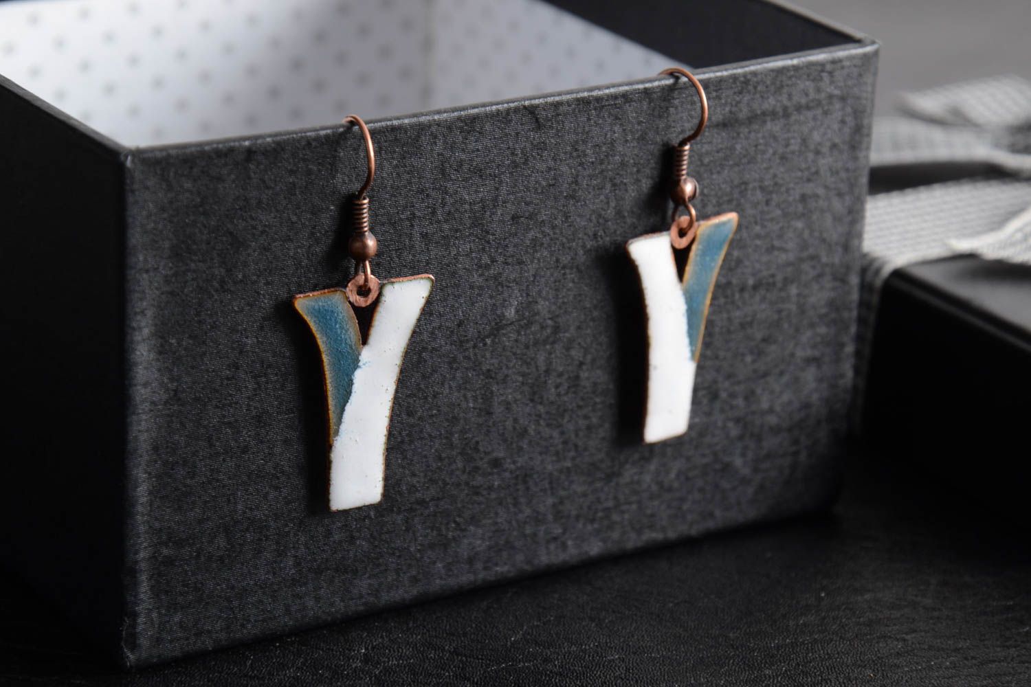 Handmade copper fancy earrings blue with white with hot enamel painting photo 1