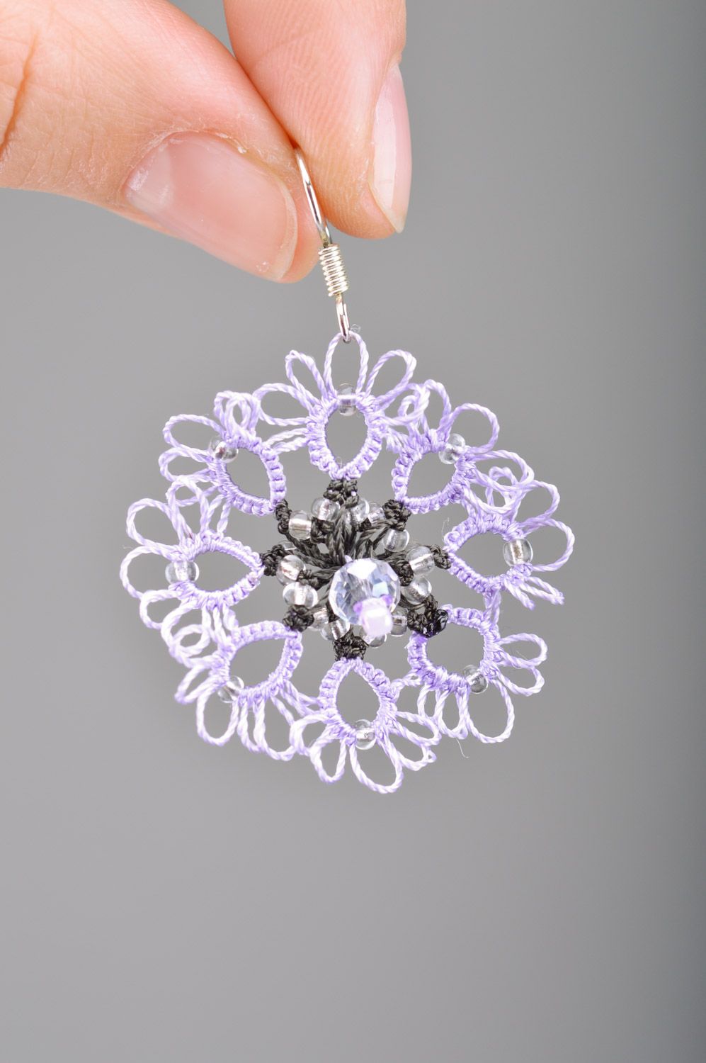 Gentle lilac handmade woven tatting earrings with beads photo 1