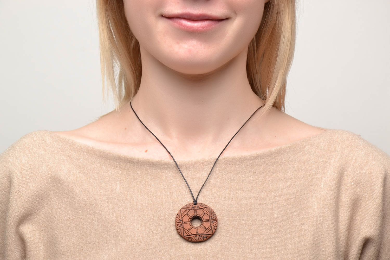 Clay pendant in ethnic style with cord photo 2