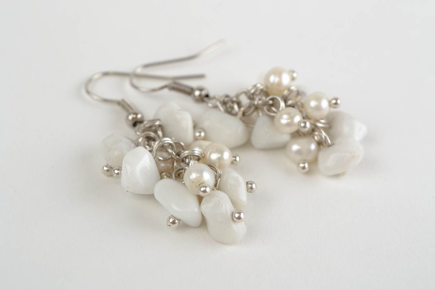Beautiful handmade women's white woven earrings with natural stone beads photo 4