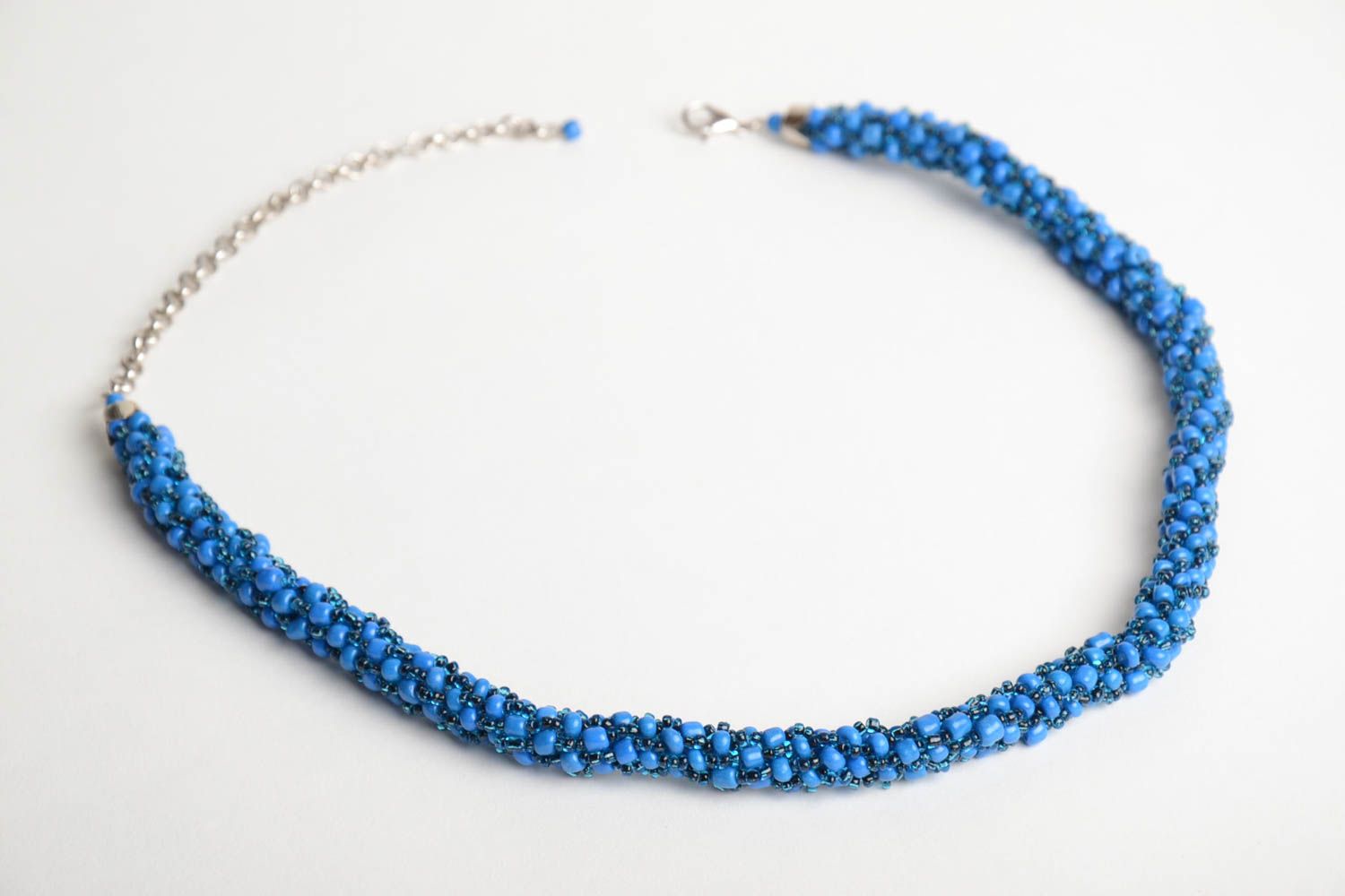 Handmade thin long blue necklace crocheted of beads of laconic design for women photo 3