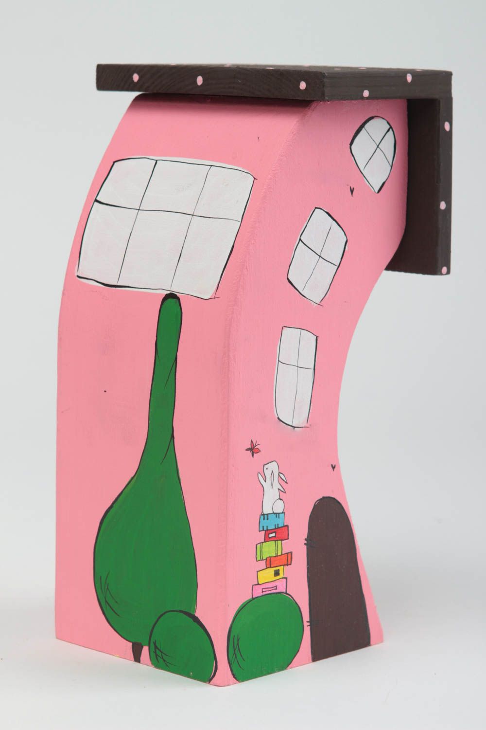 Розовый домик для декора дома ручной работы из дерева расписанный красками фото 2