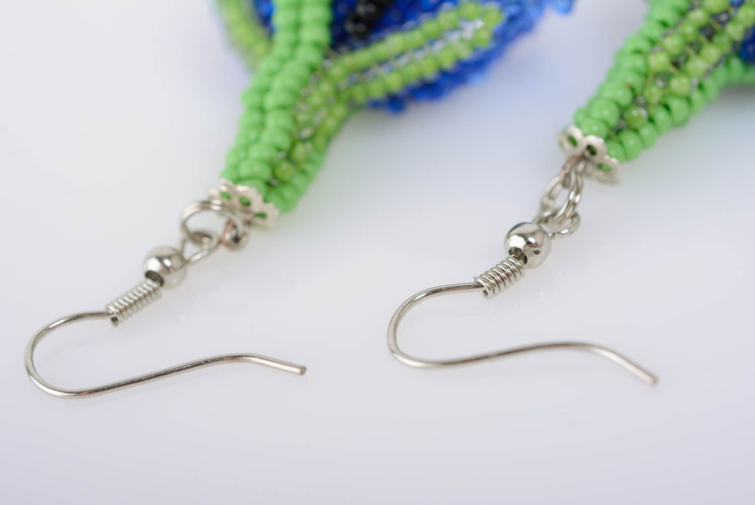 Beaded handmade earrings flowers blue with green beautiful summer accessory photo 5