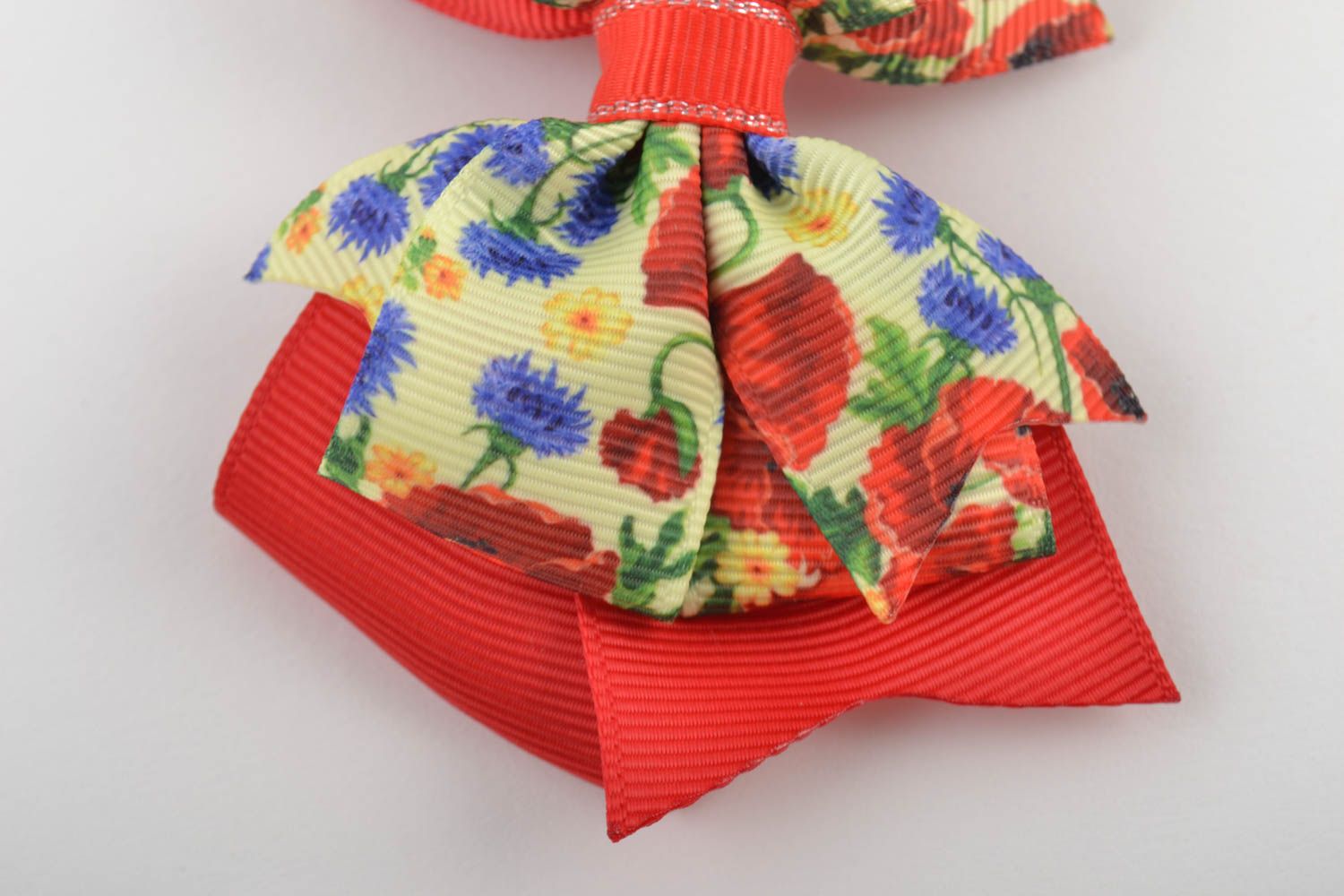 Noeud en rubans pour barrette et broche fait main original rouge tissu floral photo 3
