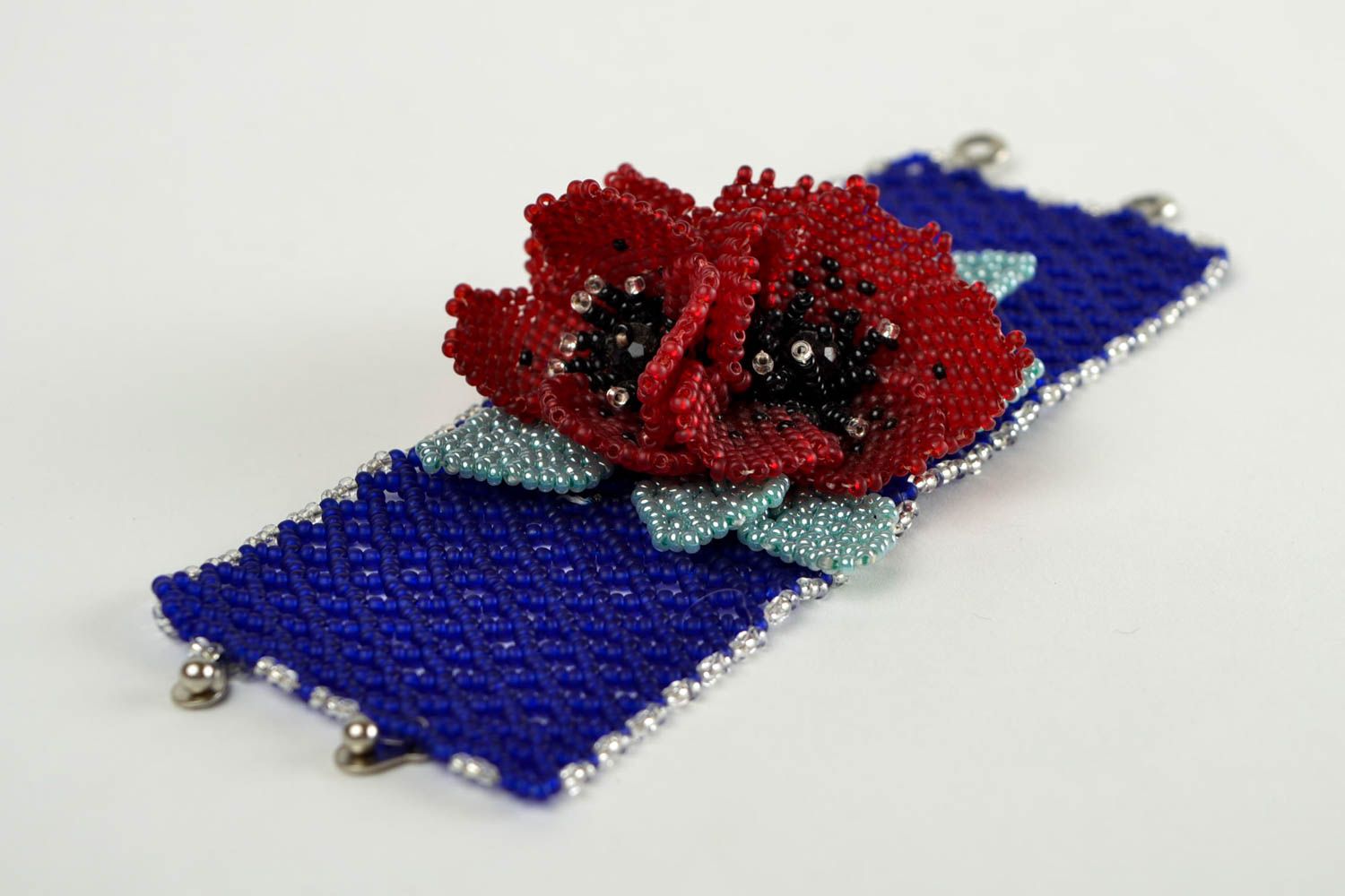 Handmade poppies wide bead bracelet in dark blue and dark red color for women  photo 4