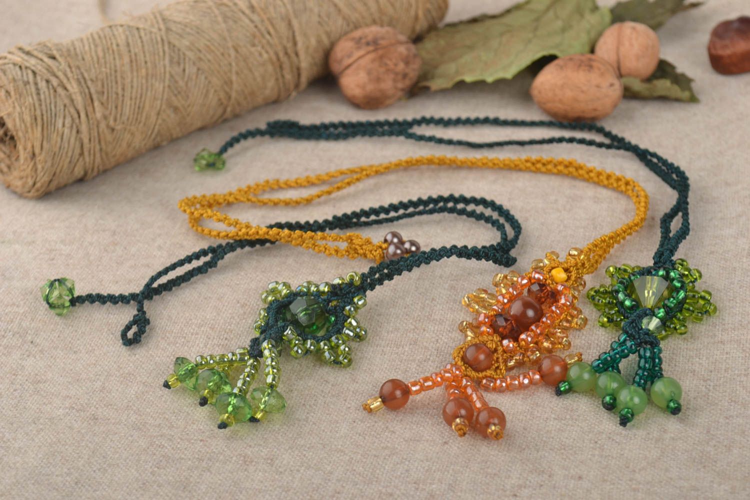 Handmade set of jewelry unique accessories macrame technique necklaces photo 1
