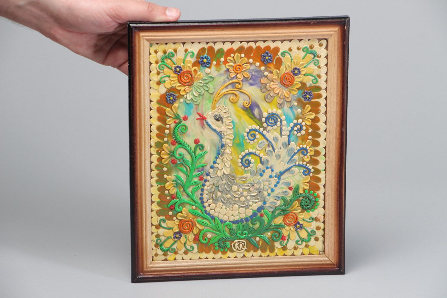 Handmade decorative wall hanging panel painted with plasticine in wooden frame Bird photo 5