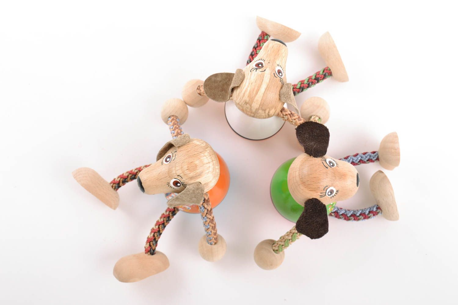 Set of handmade colorful painted wooden eco toys dogs with cord paws for kids  photo 5
