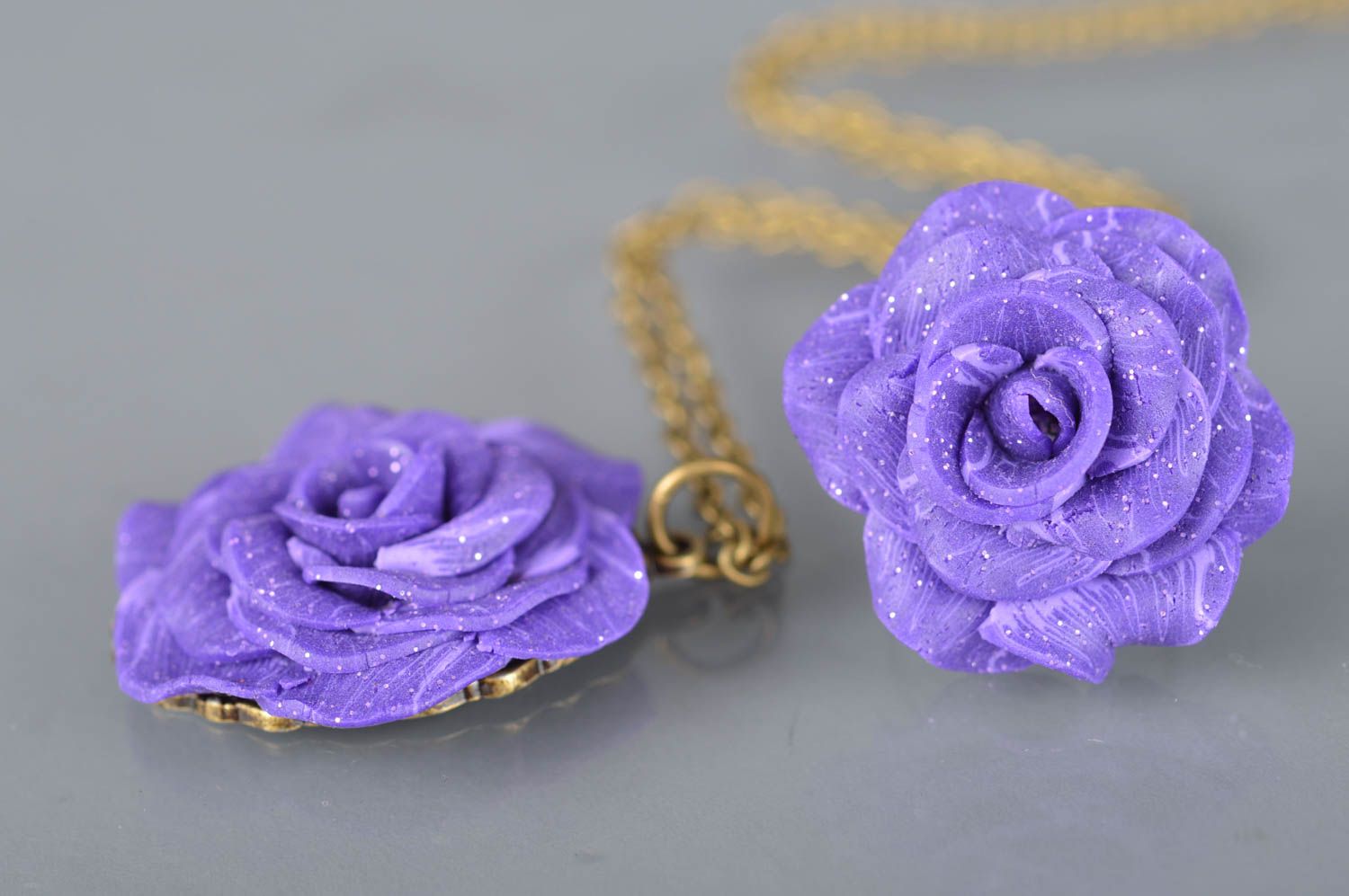 Parure bague et pendentif en pâte polymère faits main pour femme Rose violette photo 4