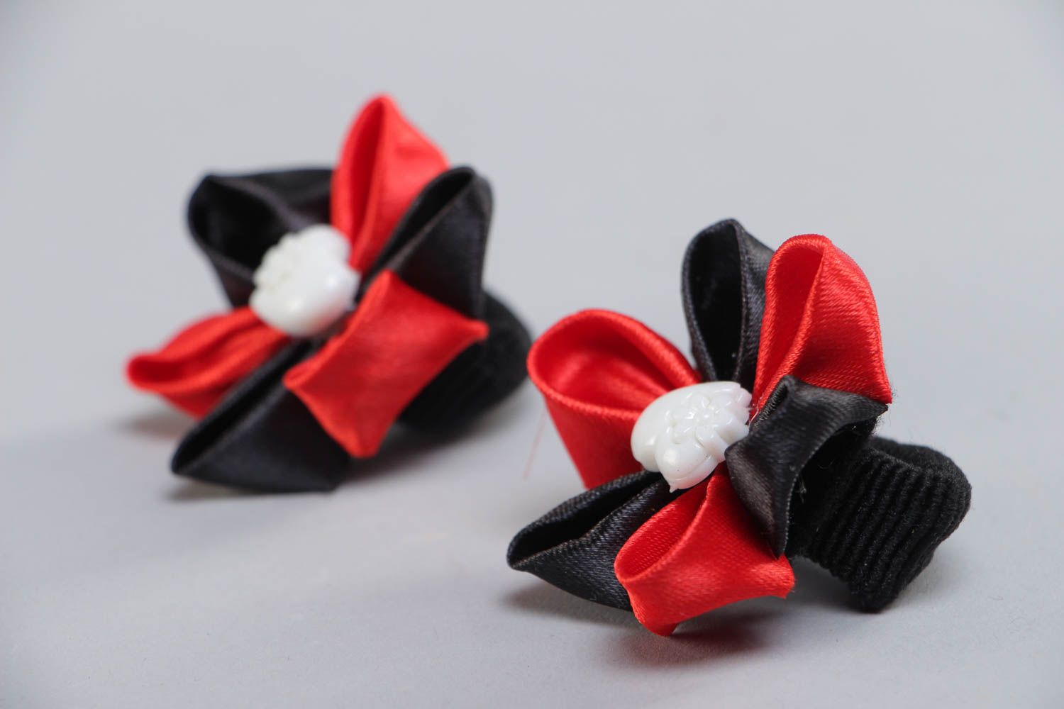 Handmade set of satin ribbon scrunchies made using kanzashi technique hair accessories photo 2